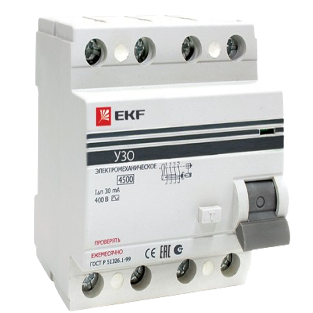 УЗО четырехполюсное EKF PROxima ВД-100 4P, тип АС, ток утечки 300мА, электромеханическое, сила тока 25А