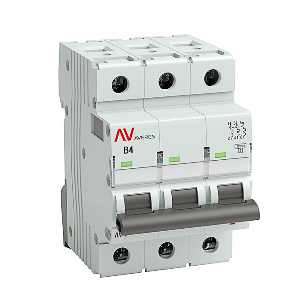 Автоматический выключатель трехполюсный EKF AVERES AV-10 3P 4A (B) 10кА, сила тока 4 A, тип расцепителя B, отключающая способность 10 кА