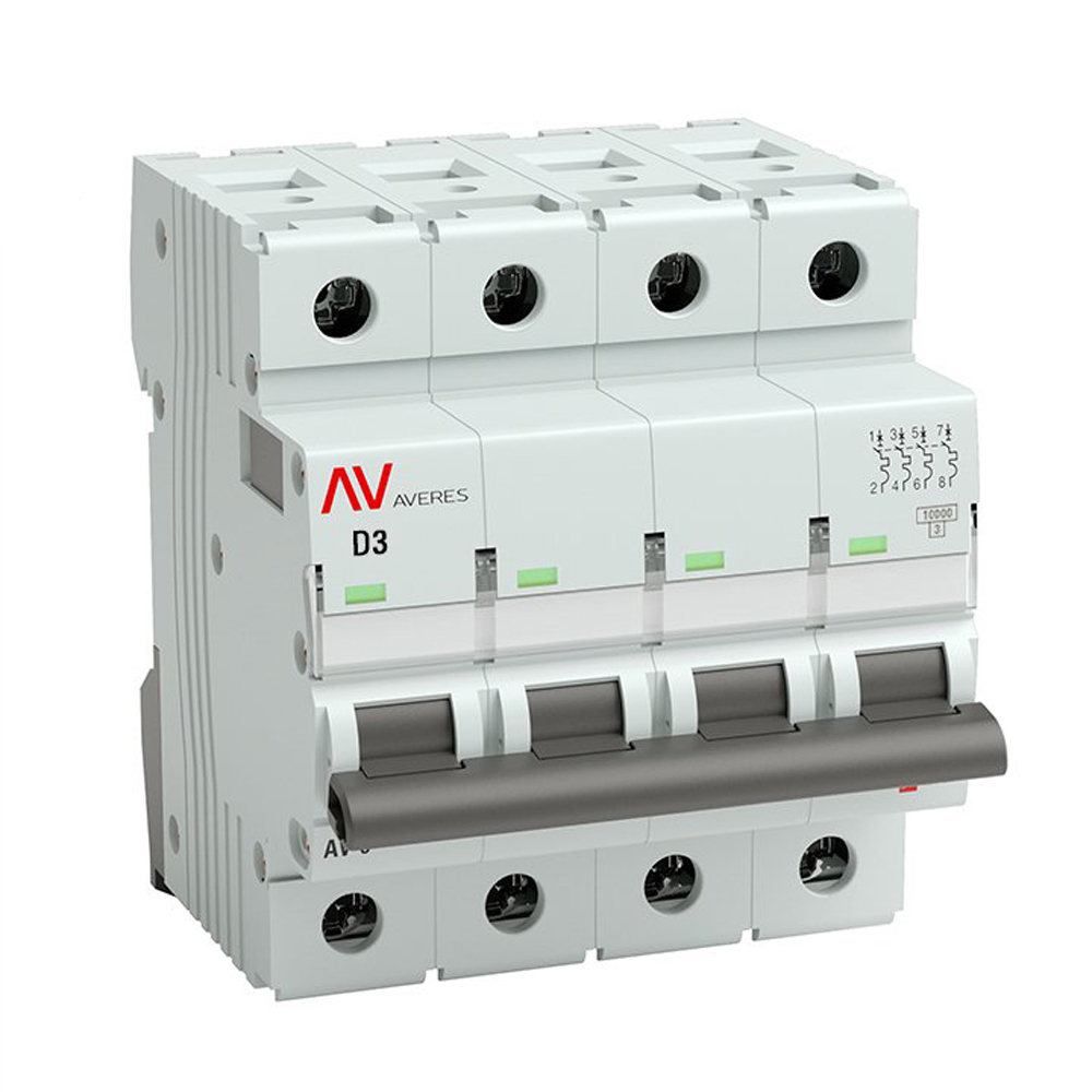 Автоматический выключатель четырехполюсный EKF AVERES AV-10 4P 3A (D) 10кА, сила тока 3 A, тип расцепителя D, отключающая способность 10 кА