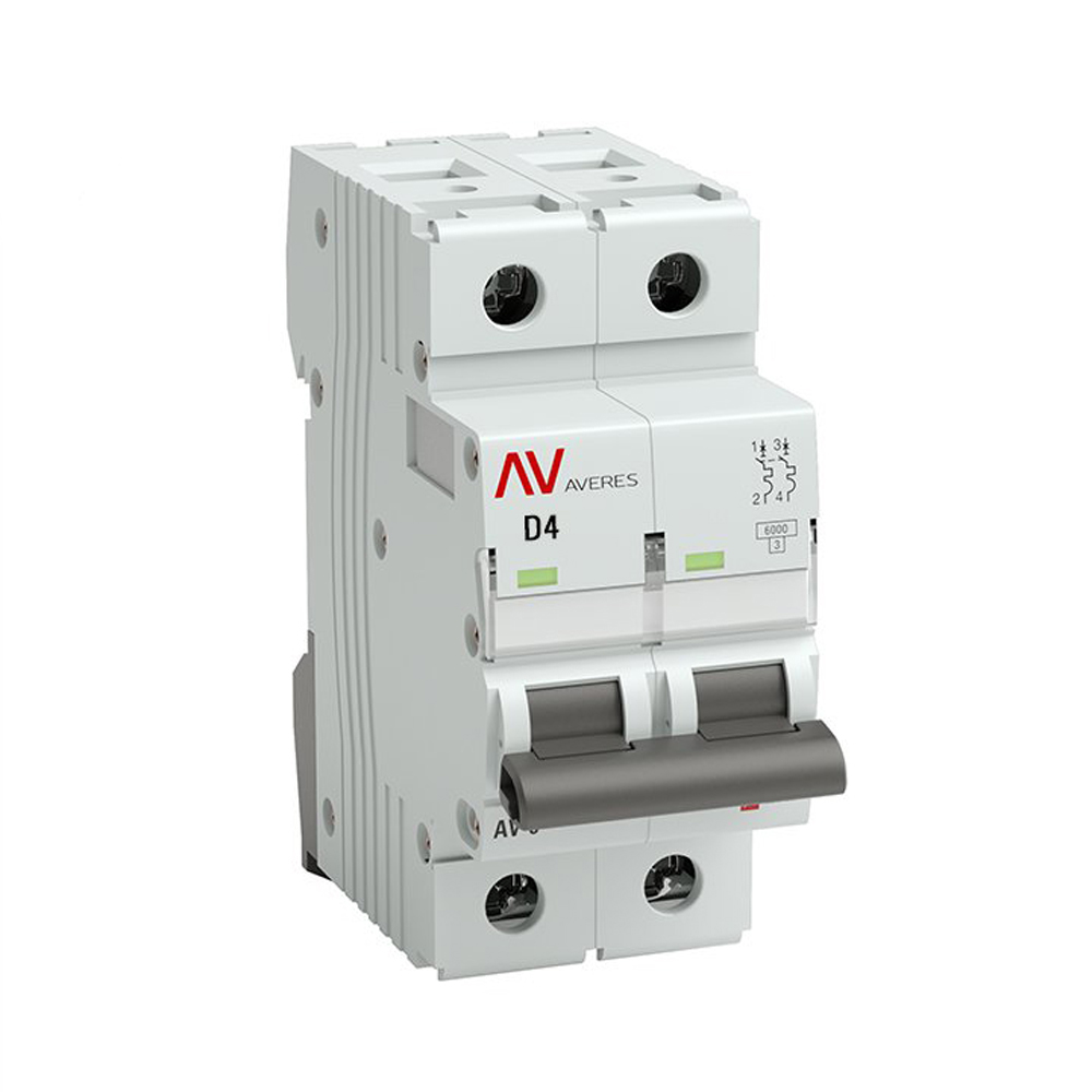 Автоматический выключатель двухполюсный EKF AVERES AV-6 2P 4A (D) 6кА, сила тока 4 A, тип расцепителя D, отключающая способность 6 кА