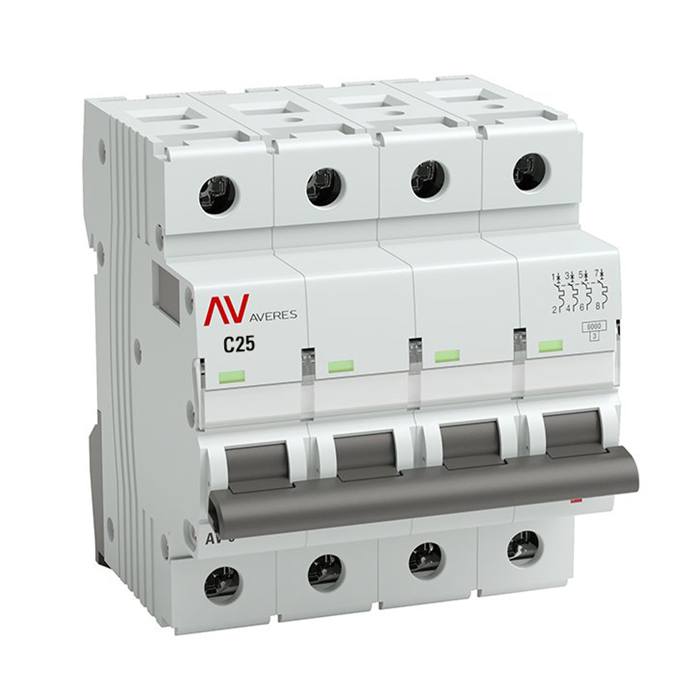 Автоматический выключатель четырехполюсный EKF AVERES AV-6 4P 25A (C) 6кА, сила тока 25 A, тип расцепителя C, отключающая способность 6 кА