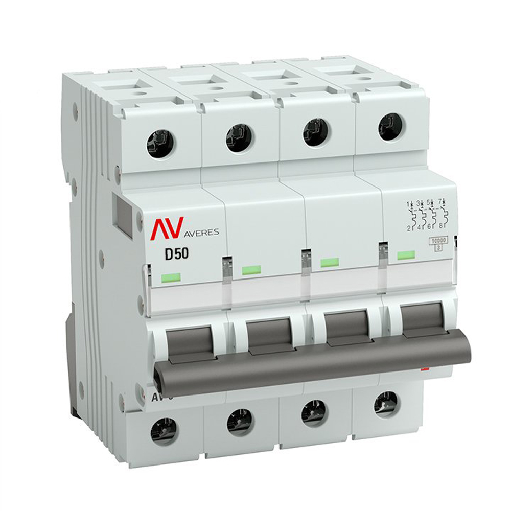 Автоматический выключатель четырехполюсный EKF AVERES AV-10 4P 50A (D) 10кА, сила тока 50 A, тип расцепителя D, отключающая способность 10 кА