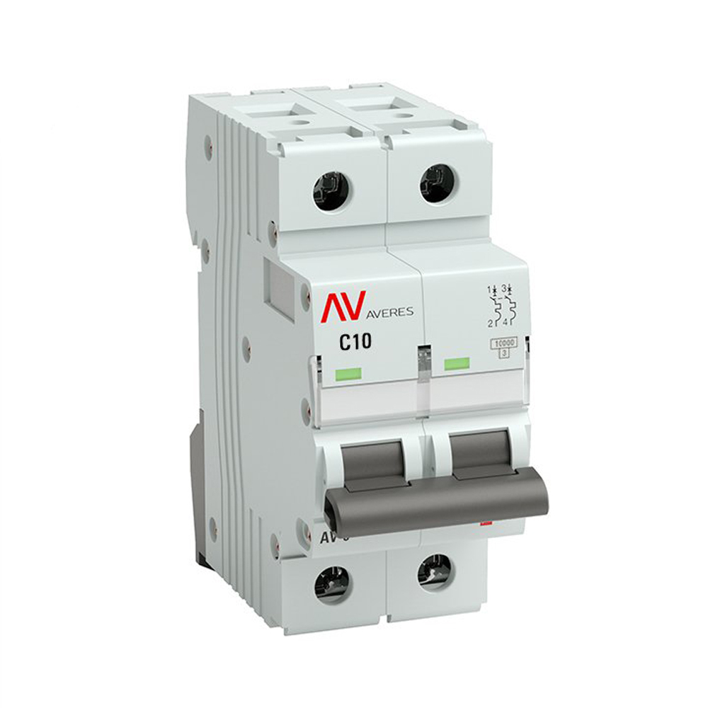Автоматический выключатель двухполюсный EKF AVERES AV-10 2P 10A (C) 10кА, сила тока 10 A, тип расцепителя C, отключающая способность 10 кА