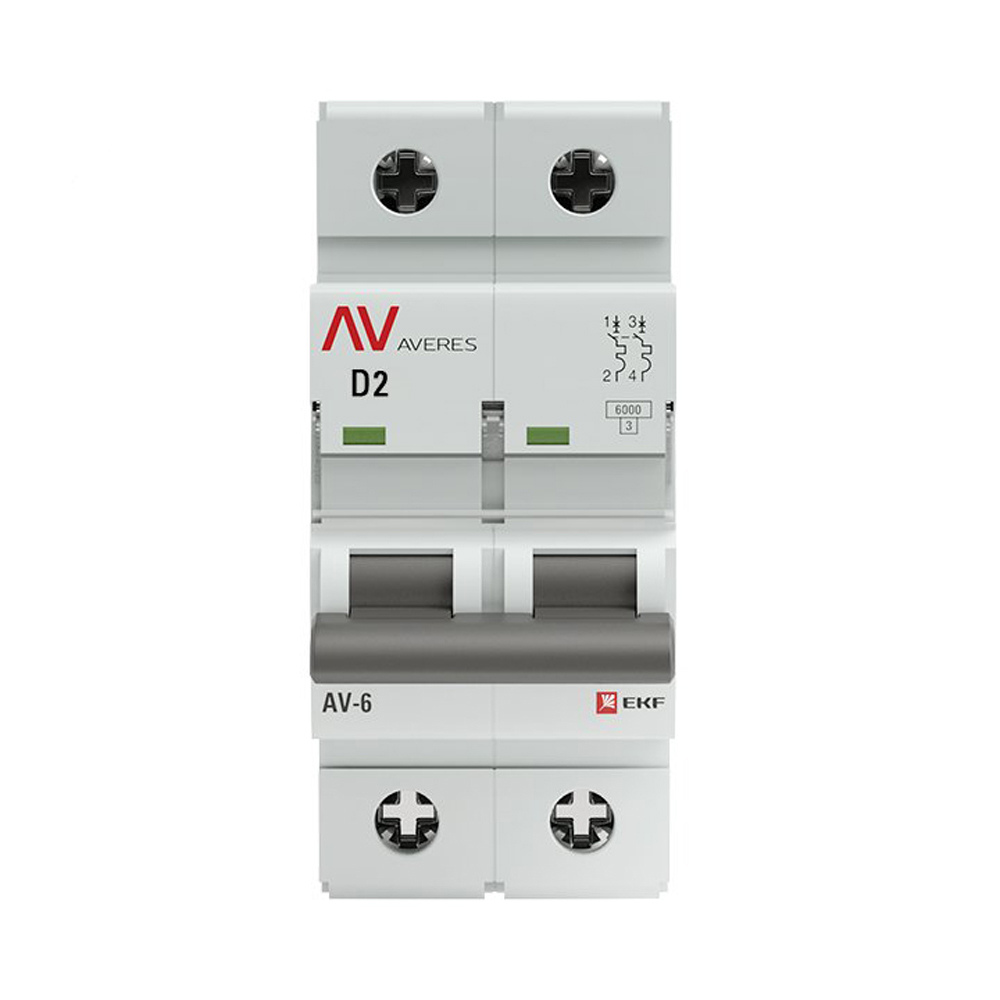 Автоматический выключатель двухполюсный EKF AVERES AV-6 2P 2A (D) 6кА, сила тока 2 A, тип расцепителя D, отключающая способность 6 кА