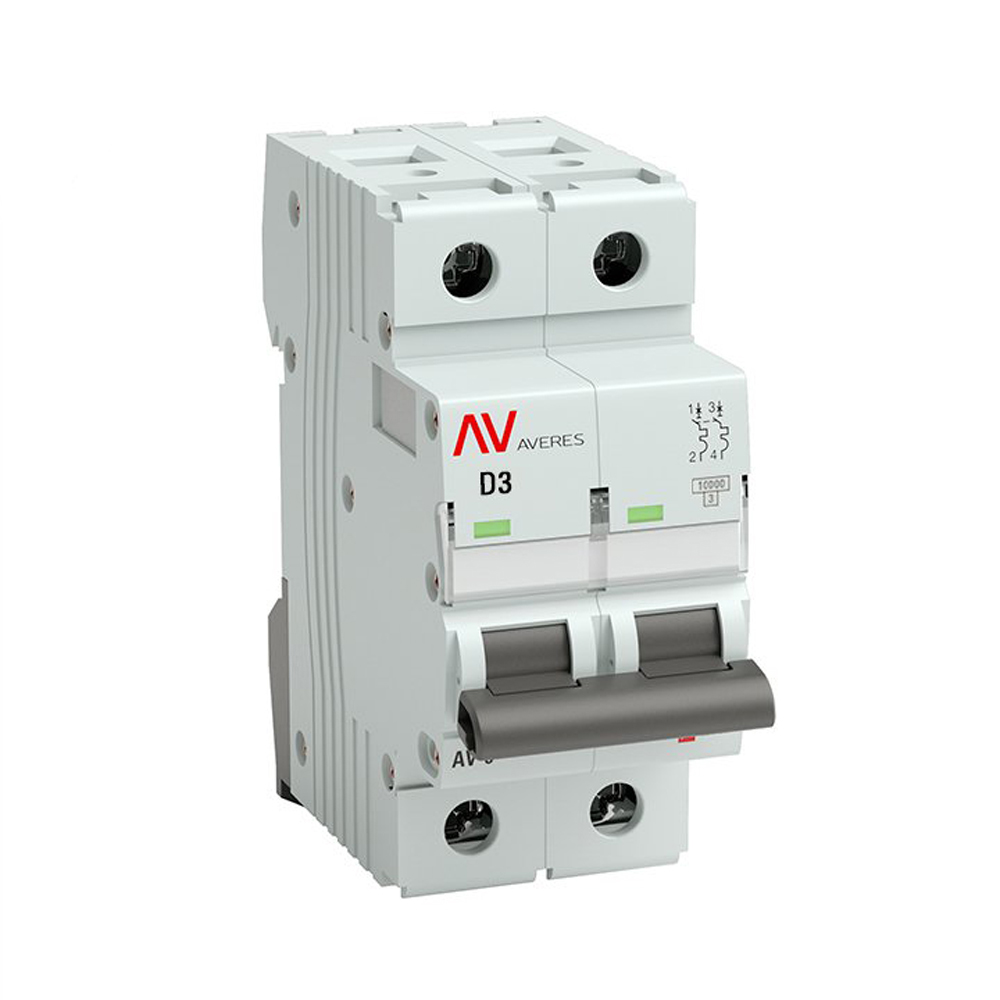 Автоматический выключатель двухполюсный EKF AVERES AV-10 2P 3A (D) 10кА, сила тока 3 A, тип расцепителя D, отключающая способность 10 кА