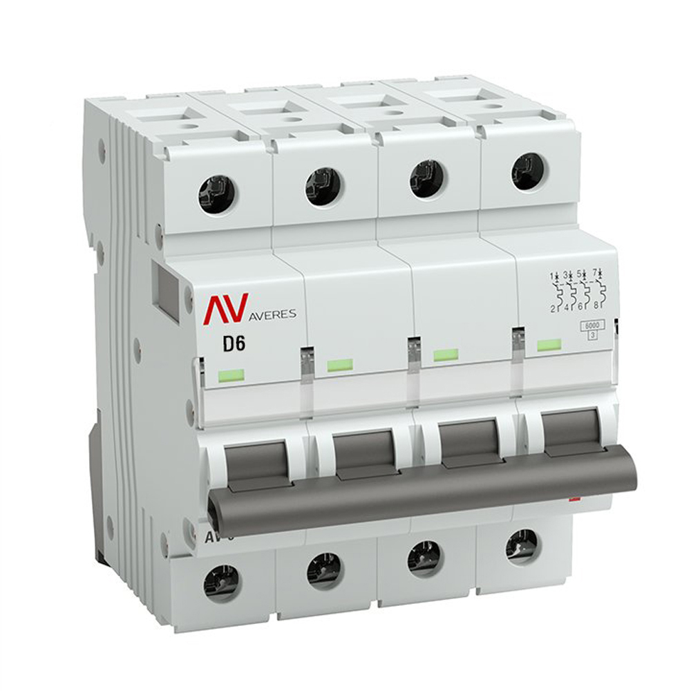 Автоматический выключатель четырехполюсный EKF AVERES AV-6 4P 6A (D) 6кА, сила тока 6 A, тип расцепителя D, отключающая способность 6 кА