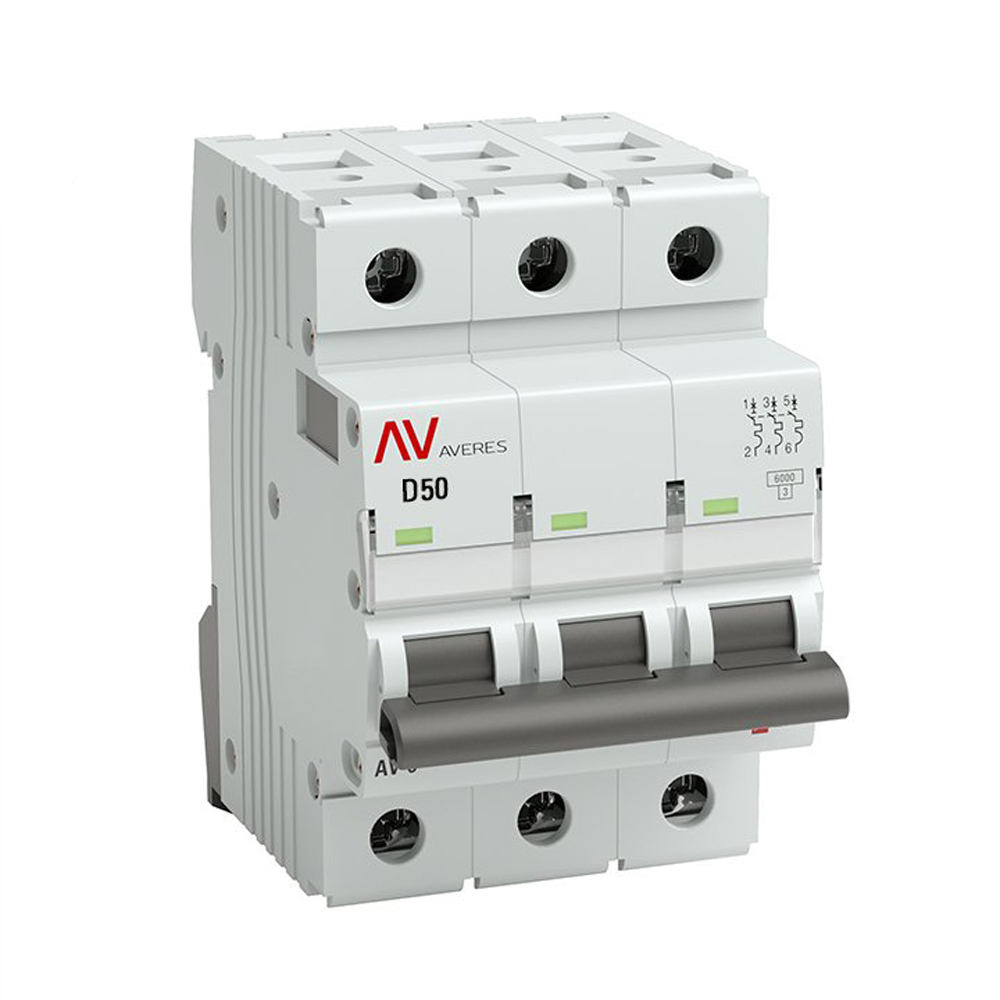 Автоматический выключатель трехполюсный EKF AVERES AV-6 3P 50A (D) 6кА, сила тока 50 A, тип расцепителя D, отключающая способность 6 кА
