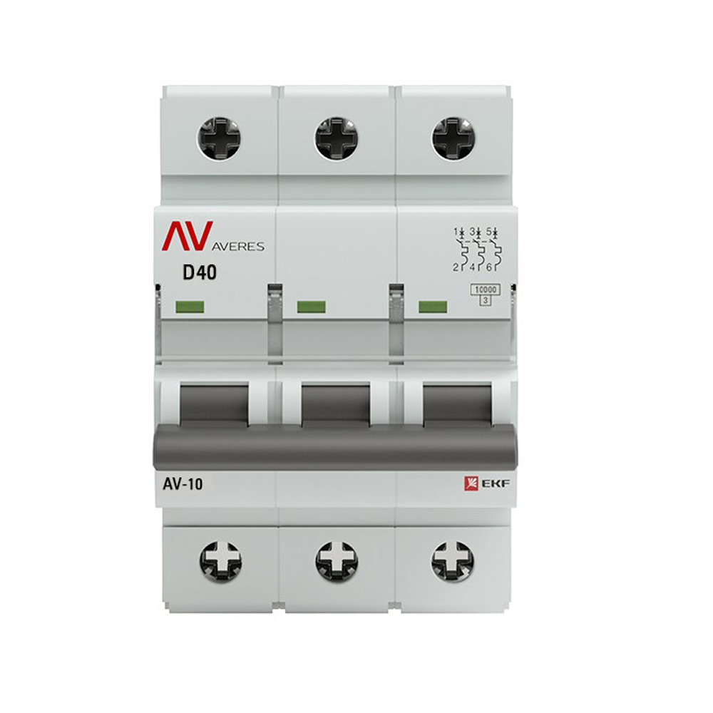 Автоматический выключатель трехполюсный EKF AVERES AV-10 3P 40A (D) 10кА, сила тока 40 A, тип расцепителя D, отключающая способность 10 кА