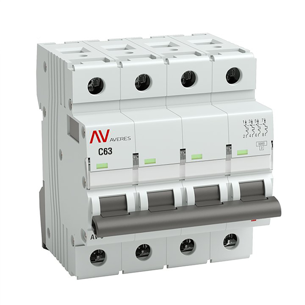 Автоматический выключатель четырехполюсный EKF AVERES AV-6 4P 63A (C) 6кА, сила тока 63 A, тип расцепителя C, отключающая способность 6 кА