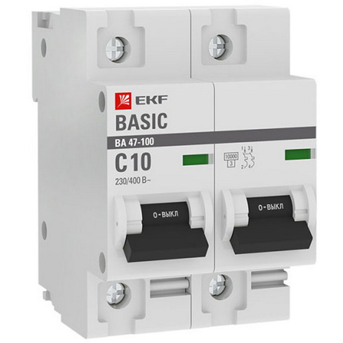 Автоматические выключатели двухполюсные EKF Basic ВА47-100 2P сила тока 10-125 А, тип расцепления C, отключающая способность 10 kА