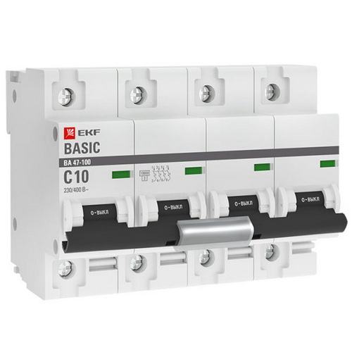 Автоматические выключатели четырехполюсные EKF Basic ВА47-100 4P сила тока 10-125 А, тип расцепления C, отключающая способность 10 kА