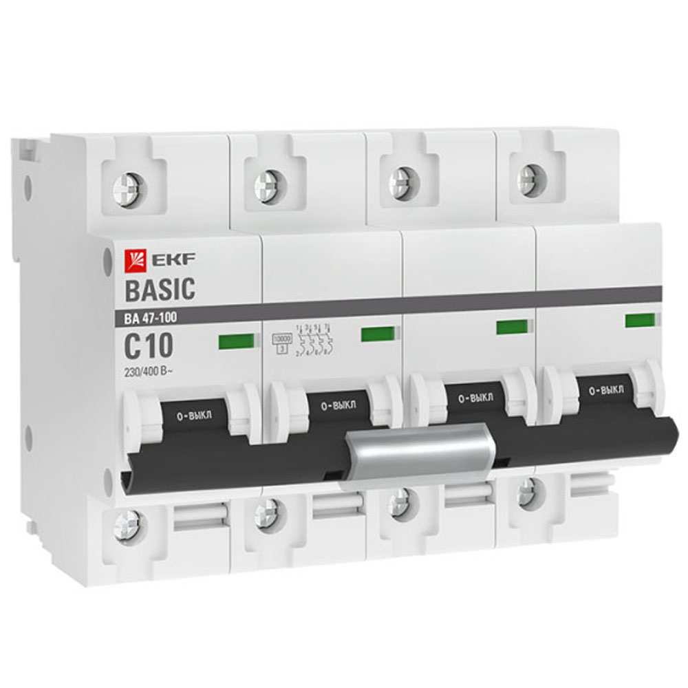 Автоматический выключатель четырехполюсный EKF Basic ВА47-100 4P 100А (С) 10kА, сила тока 100 А, тип расцепления C, отключающая способность 10 kА