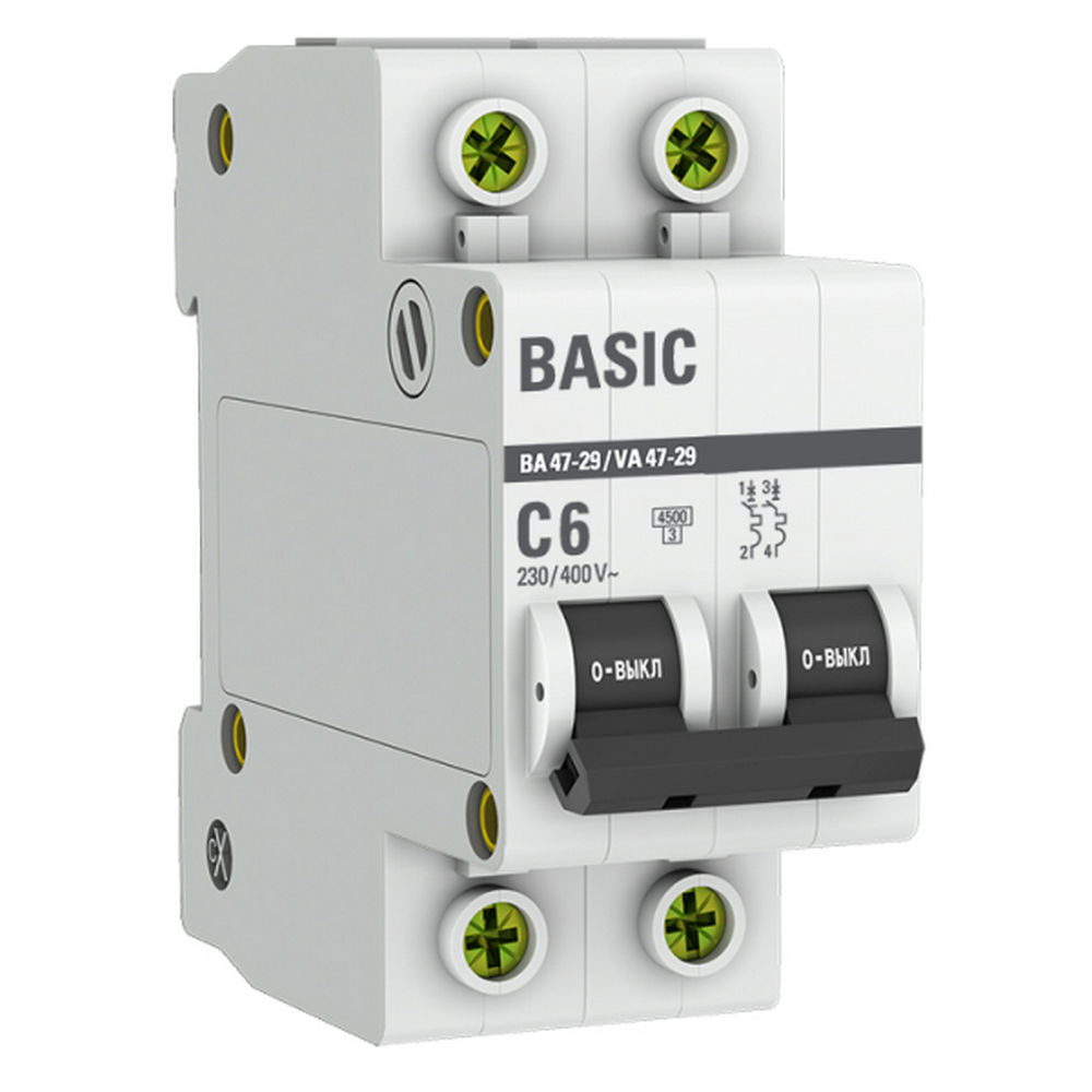 Автоматический выключатель двухполюсный EKF Basic ВА47-29 2P 6А (C) 4.5kА, сила тока 6 А, тип расцепления C, отключающая способность 4.5 kА