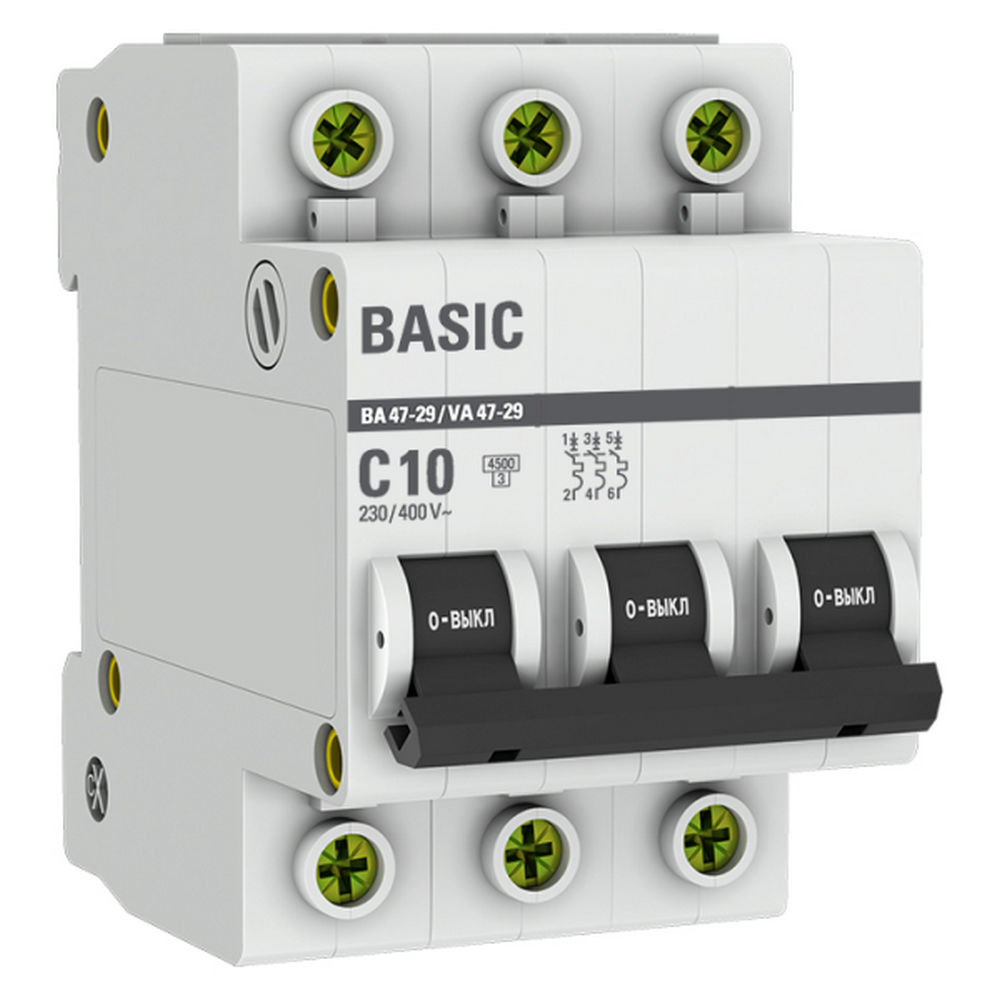 Автоматический выключатель трехполюсный EKF Basic ВА47-29 3P 10А (C) 4.5kА, сила тока 10 А, тип расцепления C, отключающая способность 4.5 kА