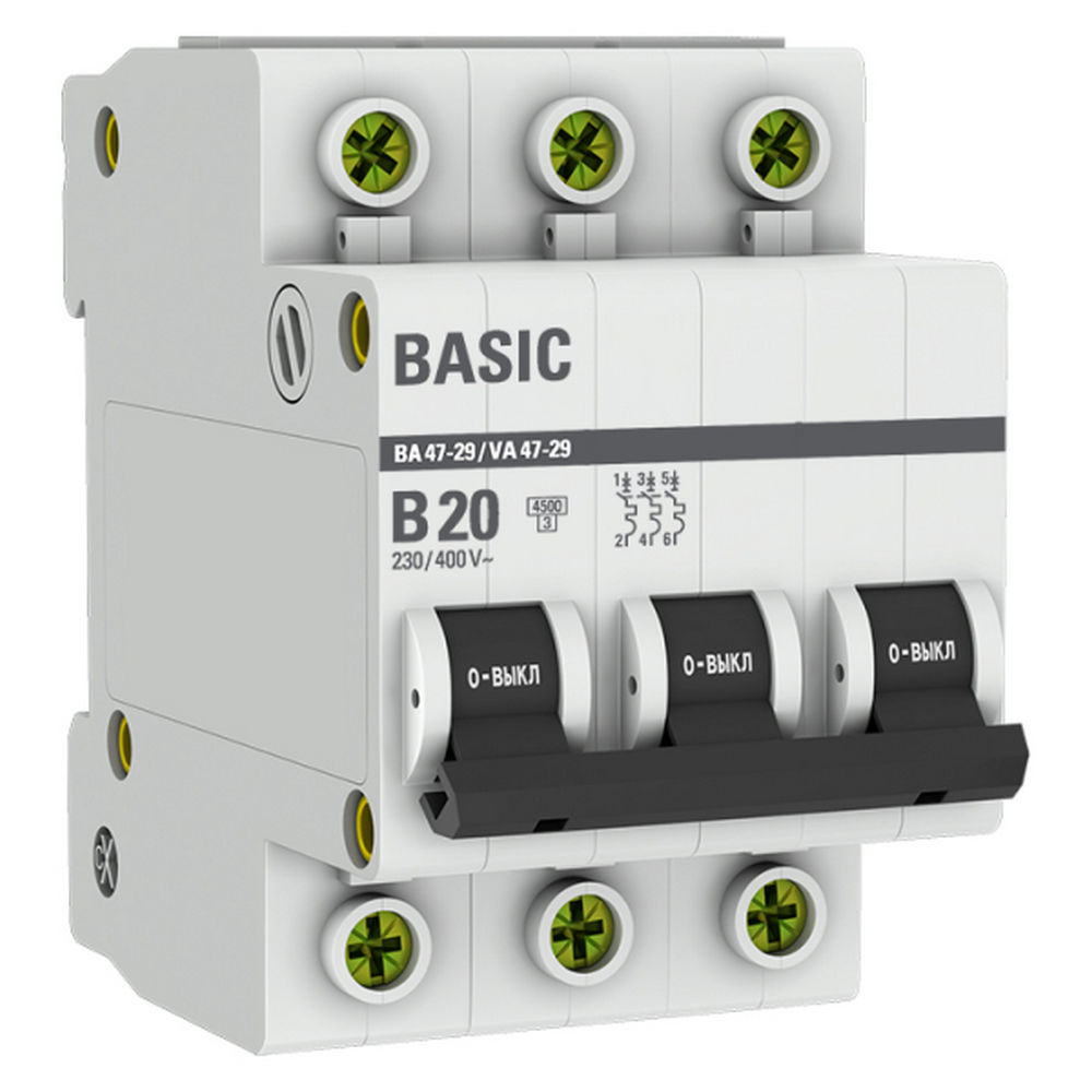 Автоматический выключатель трехполюсный EKF Basic ВА47-29 3P 20А (B) 4.5kА, сила тока 20 А, тип расцепления B, отключающая способность 4.5 kА