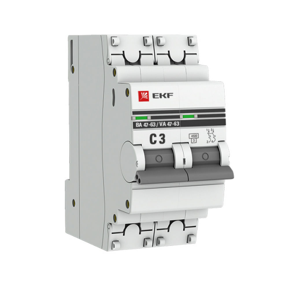 Автоматический выключатель двухполюсный EKF PROxima ВА47-63 2P 3A (C) 4.5kА, сила тока 3 A, тип расцепления C, отключающая способность 4.5 кА