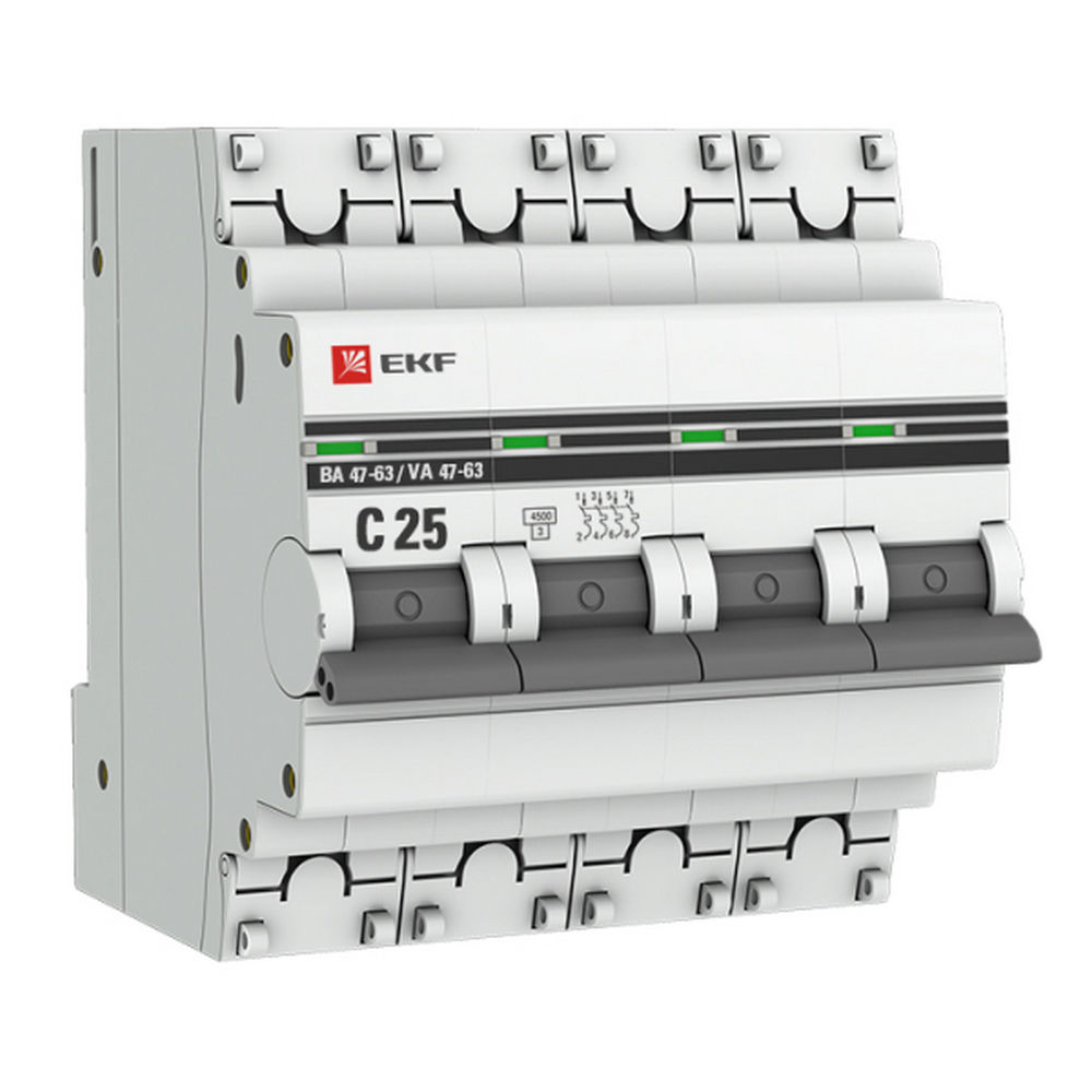 Автоматический выключатель четырехполюсный EKF PROxima ВА47-63 4P 25А (C) 4.5kА, сила тока 25 А, тип расцепления C, отключающая способность 4.5 kА