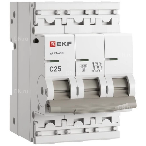Автоматические выключатели трехполюсные EKF PROxima BA47-63N 3P с электромагнитным расцепителем, сила тока 25-32А, тип расцепления C, отключающая способность 4.5кА