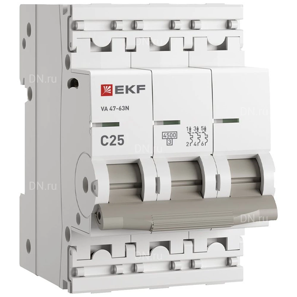 Автоматический выключатель трехполюсный EKF PROxima BA47-63N 3P 25А (C) 4.5кA с электромагнитным расцепителем, сила тока 25А, тип расцепления C, отключающая способность 4.5кА