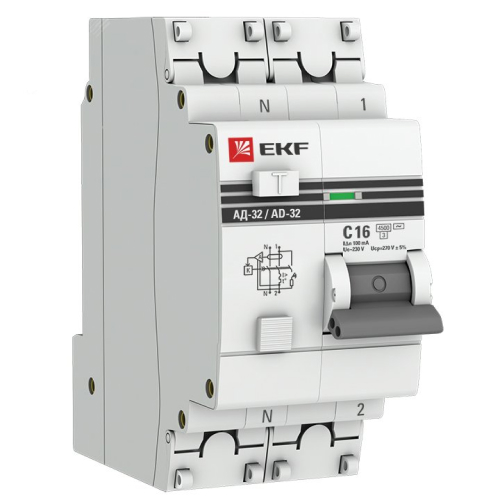 Автоматические выключатели дифференциального тока двухполюсные EKF PROxima АД-32 2п, сила тока 6-63А, ток утечки 10-300мА
