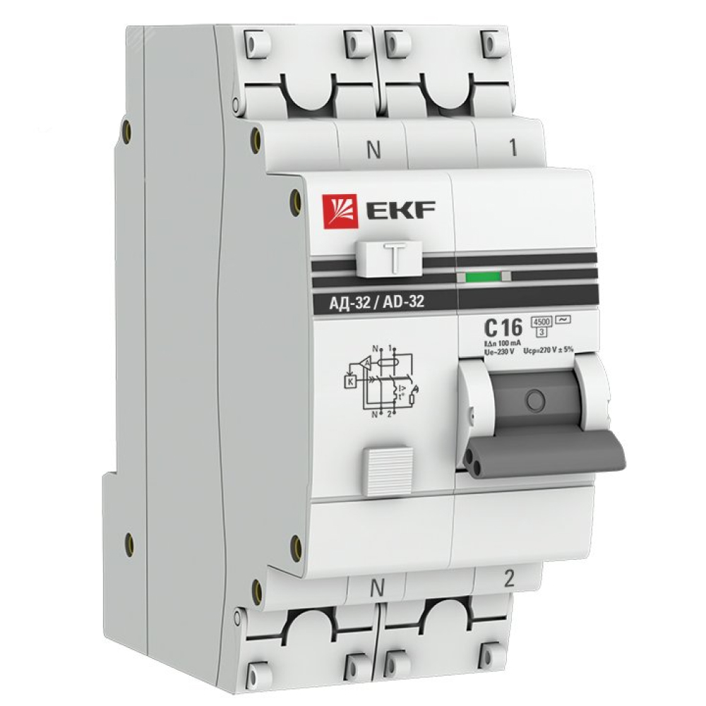 Автоматический выключатель дифференциального тока двухполюсный EKF PROxima АД-32 2п, сила тока 32А, ток утечки 100мА