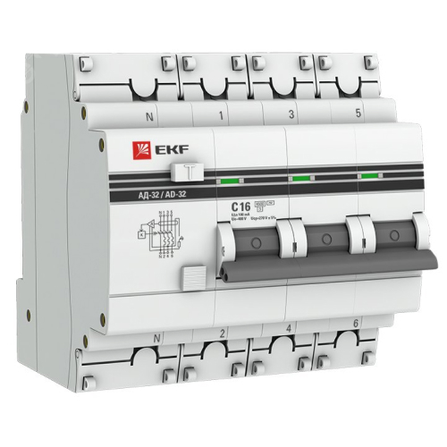 Автоматические выключатели дифференциального тока четырехполюсные EKF PROxima АД-32 4п, сила тока 16-63А, ток утечки 30-300мА