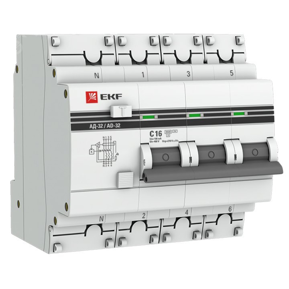 Автоматический выключатель дифференциального тока четырехполюсный EKF PROxima АД-32 4п, сила тока 63А, ток утечки 300мА