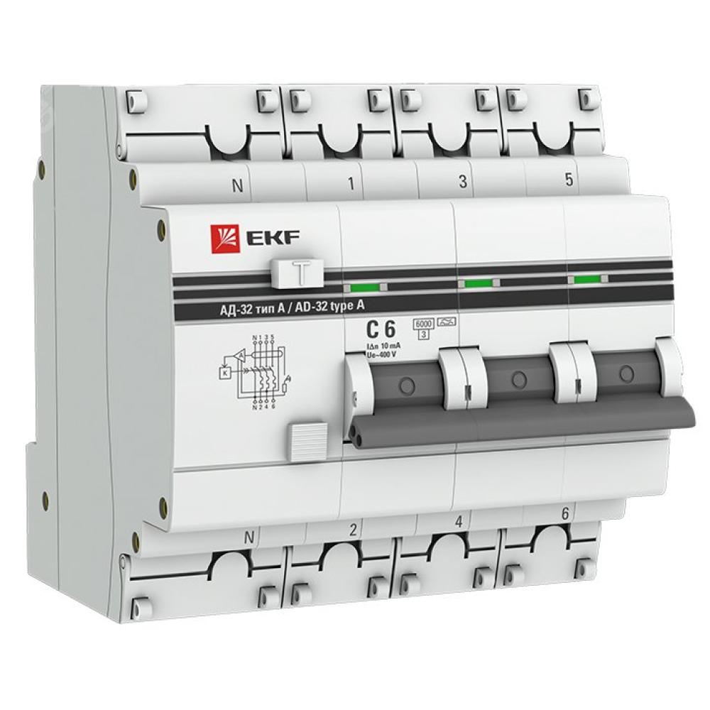 Автоматический выключатель дифференциального тока четырехполюсный EKF PROxima АД-32, хар. C, тип расцепления AC, электронный, защита 270В, 6кА, 3P+N, сила тока 63А, ток утечки 300мА