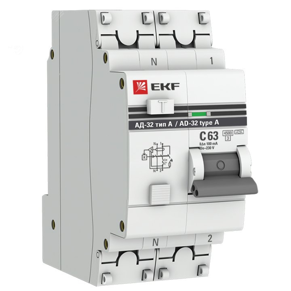 Автоматический выключатель дифференциального тока двухполюсный EKF PROxima АД-32, тип расцепления A, 1P+N, сила тока 25А, ток утечки 10мА