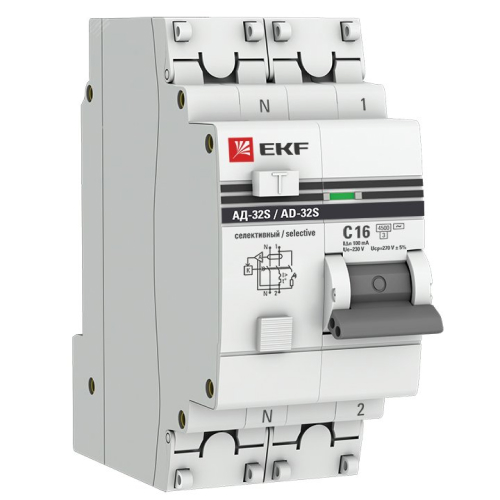 Автоматические выключатели дифференциального тока двухполюсные EKF PROxima АД-32S селективные, тип расцепления AC, 1P+N, сила тока 16-63А, ток утечки 100-300мА