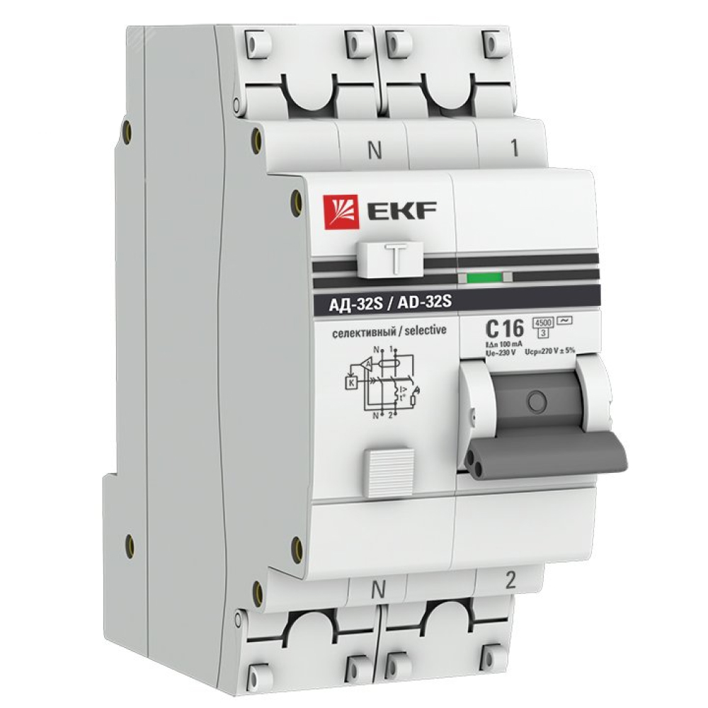Автоматический выключатель дифференциального тока двухполюсный EKF PROxima АД-32S селективный, тип расцепления AC, 1P+N, сила тока 32А, ток утечки 300мА