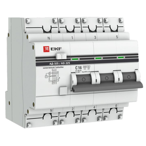Автоматические выключатели дифференциального тока четырехполюсные EKF PROxima АД-32S селективные, тип расцепления AC, 3P+N, сила тока 16-63А, ток утечки 100-300мА
