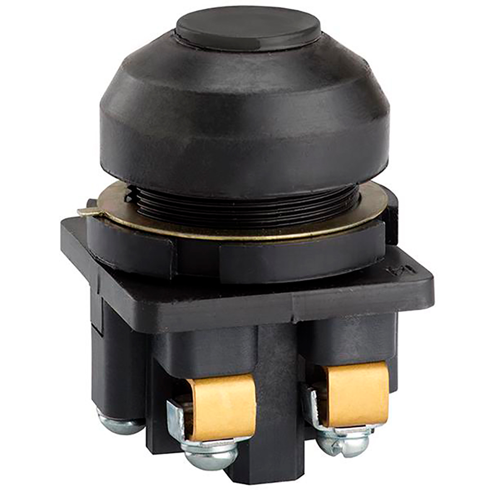 Выключатель кнопочный Электротехник КЕ-081/2 толкатель цилиндрический с наружным протектором и цветовым индикатором, контакты 1НО+1НЗ, 10А, 660/440В, IP54, цвет – черный