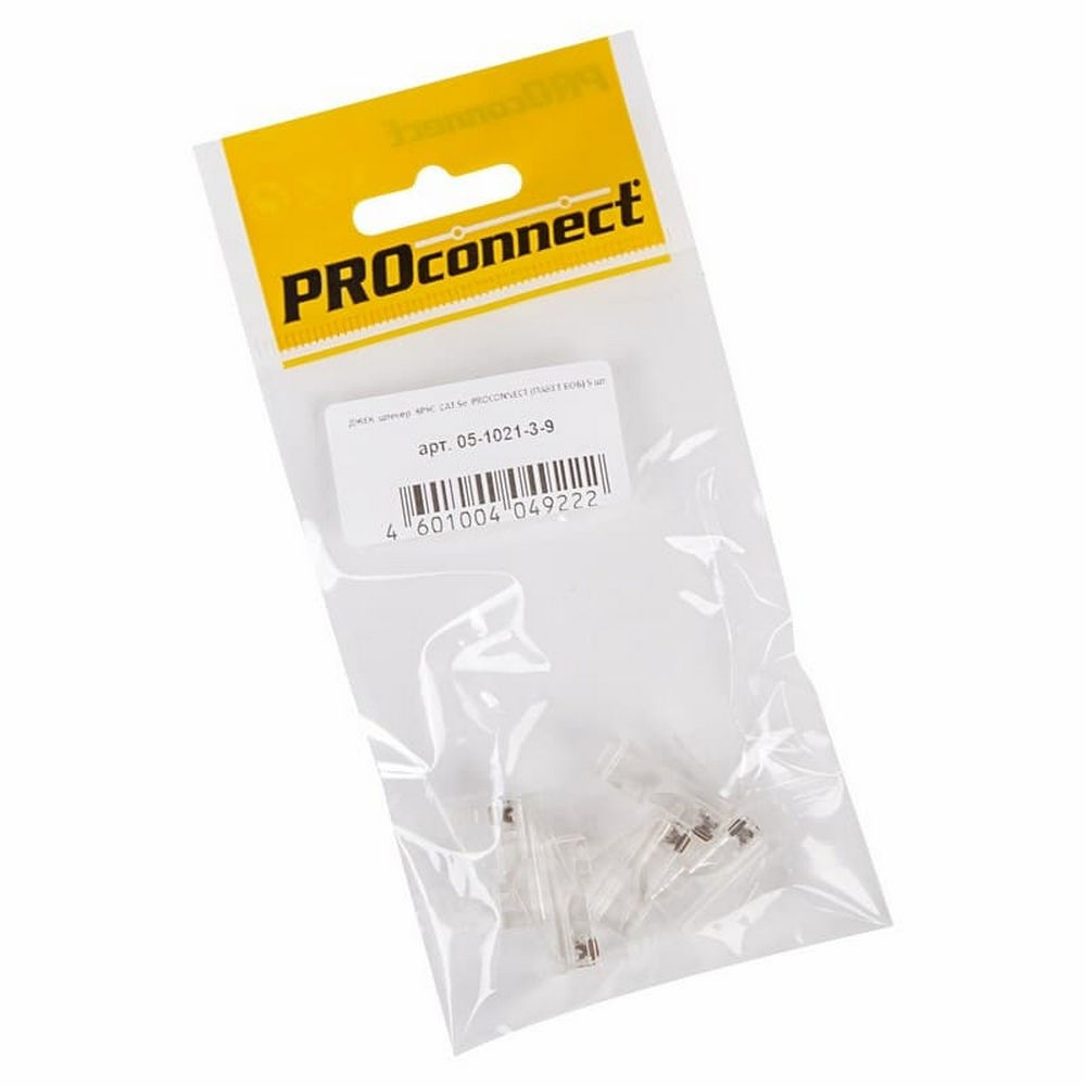 Разъем PROCONNECT RJ45 (8P8C) UTP неэкранированный для кабеля категории 5E, корпус - пластик, цвет - прозрачный, пакет - 5шт