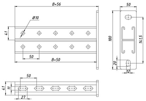 Консоль EKF STRUT-система S-Line двойная 41x41 высота - 41 мм ширина - 41 мм, длина - 650 мм, толщина стали - 2.5 мм, материал - сталь, покрытие - горячее цинкование погружением, цвет - светло-серый