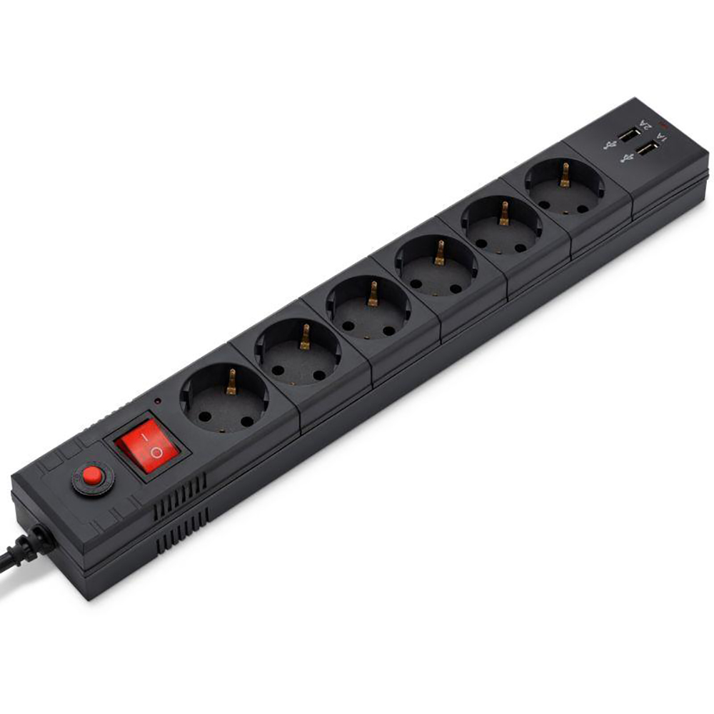 Фильтр сетевой BURO BU-SP1.8_USB_2A, USB гнезда - 2 шт, розетки - 6 шт, длина кабеля - 1,8 м, ток номинальный - 10 А, мощность - 2200 Вт, с заземлением и защитой от перенапряжения, черный
