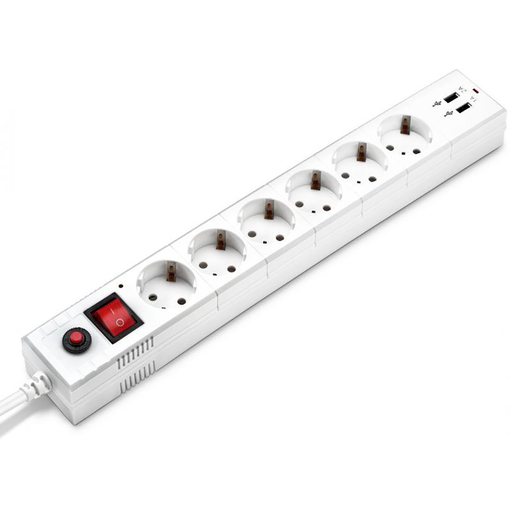 Фильтр сетевой BURO BU-SP3_USB_2A-W, USB гнезда - 2 шт, розетки - 6 шт, длина кабеля - 3 м, ток номинальный - 10 А, мощность - 2200 Вт, с заземлением и защитой от перенапряжения, белый