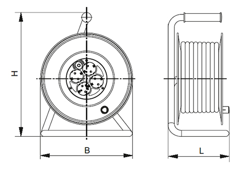 Эскиз размеров удлинителя на катушке Generica УК40 WKP10-10-04-40-G, розетки - 4 шт, кабель - 40 м, ток - 10 А, мощность при размотанном кабеле - 2200 Вт, с термозащитой, черный