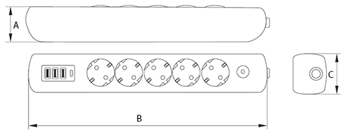 Эскиз размеров удлинителей IEK MODERN У05В, с USB гнездами, розетки - 5 шт, ток номинальный - 16 А, мощность максимальная - 3680 Вт