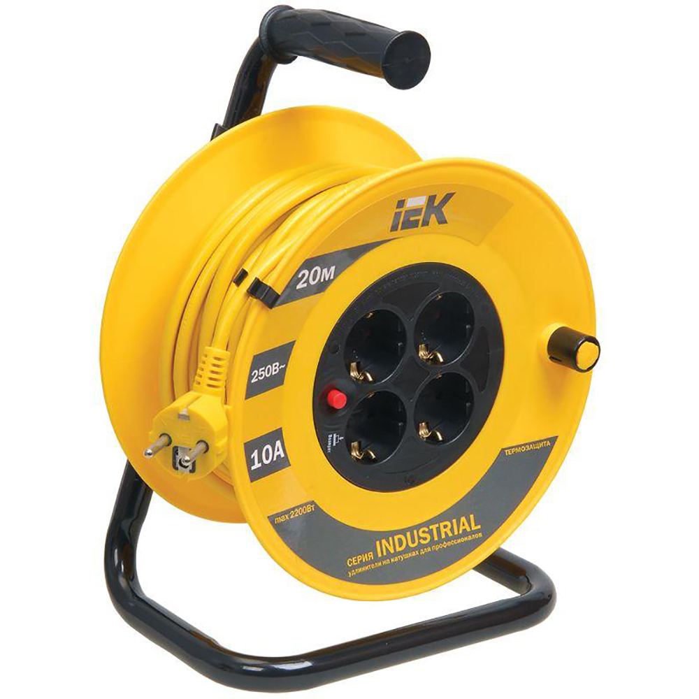 Удлинитель на катушке IEK WKP14-10-04-20 Industrial УК20, розетки - 4 шт, длина кабеля - 20 м, ток номинальный - 10 А, мощность при размотанном кабеле - 2200 Вт, IP20, с заземлением и термозащитой