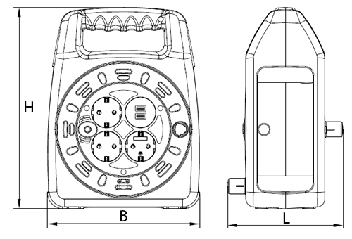 Эскиз размеров удлинителя на катушке IEK Garden УК50, розетки - 1 шт, длина кабеля - 50 м, ток - 16 А