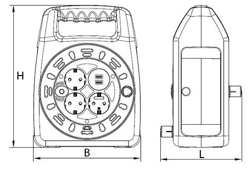 Эскиз размеров удлинителя на катушке IEK Garden УК30, розетки - 1 шт, длина кабеля - 30 м, ток - 6 А