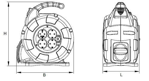 Эскиз размеров удлинителя на катушке IEK TWIST, розетки - 4 шт, длина кабеля - 20 м, ток - 16 А