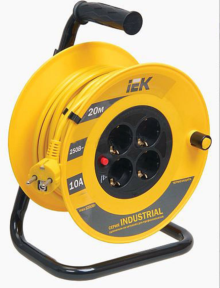 Удлинитель силовой IEK Industrial УК20 на катушке мощность - 2200 Вт номинальный ток - 16 А провод - ПВС сечение - 3x1.5 розеток - 4 шт, длина кабеля - 20 м, с заземлением, цвет - желтый