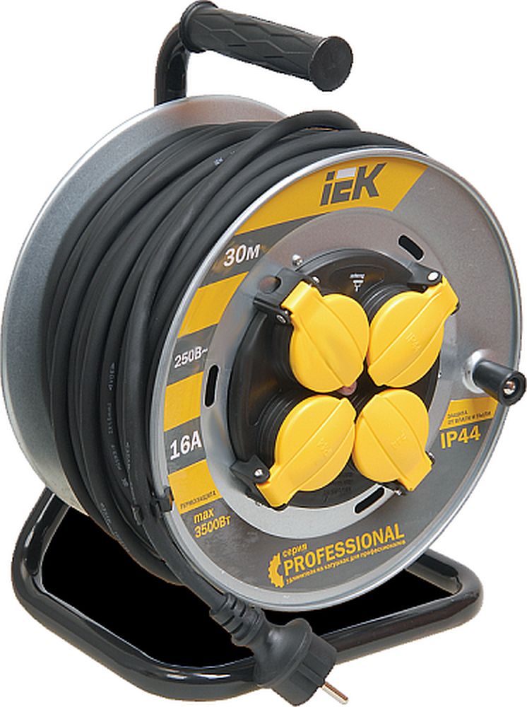 Удлинитель силовой IEK Professional УК50 на катушке мощность - 3500 Вт номинальный ток - 16 А провод - КГ сечение - 3x1.5 розеток - 4 шт, длина кабеля - 50 м, с заземлением, с крышкой, цвет - желтый