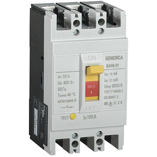 Автоматические выключатели трехполюсные IEK Generica ВА66-31 3Р 100А 18кА, переменный ток, сила тока 100 А