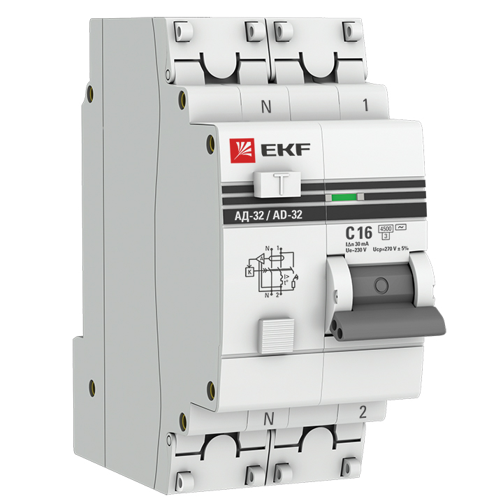 Автоматический выключатель дифференциального тока двухполюсный EKF PROxima АД-32 С16 АС30 1P+N, ток утечки 30 мА, переменный, сила тока 16 А