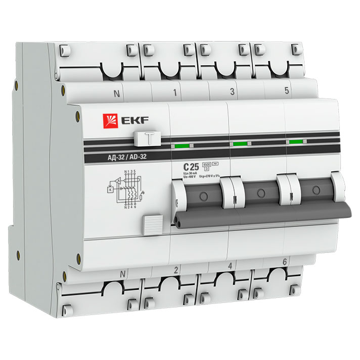 Автоматический выключатель дифференциального тока четырехполюсный EKF PROxima АД-32 С25 АС30 3P+N, ток утечки 30 мА, переменный, сила тока 25 А