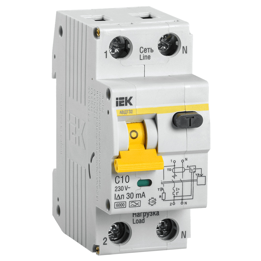 Автоматический выключатель дифференциального тока двухполюсный IEK АВДТ 32 С 6кА 1P+N 10А, ток утечки 30 мА переменный, сила тока 10 А