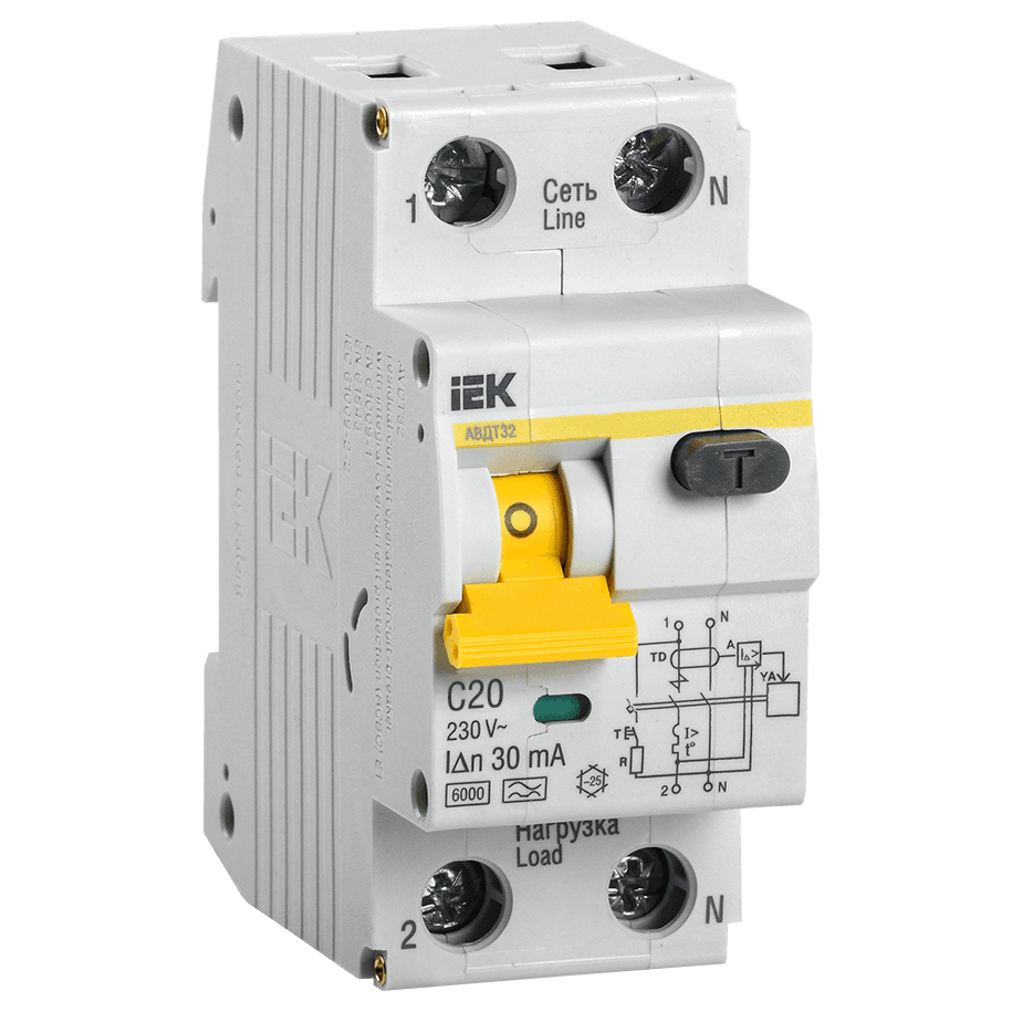 Автоматический выключатель дифференциального тока двухполюсный IEK АВДТ 32 С 6кА 1P+N 20А, ток утечки 30 мА переменный, сила тока 20 А